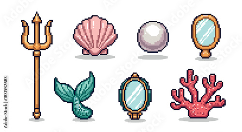 Set of colorful pixel art mermaid accessories including a trident, shell, pearl, mirror, and coral in a retro 8-bit video game style,