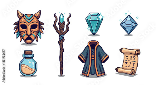 Collection of fantasy pixel art game assets including a shaman mask, wizard staff, potion bottle, rune scroll, and magic crystals,