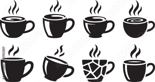 Eight black silhouette coffee cups with steam and different designs on a white background Keywords: coffee cup, hot drink, beverage, mug, steam, hot, warm, caffeine, morning, breakfast, break