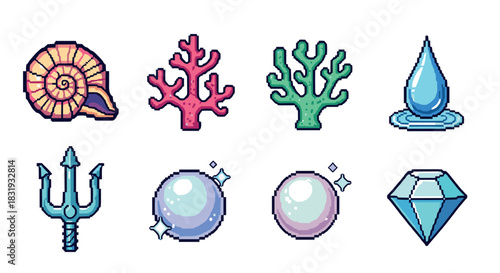Colorful pixel art underwater themed icon set with a seashell, coral, water drop, trident, pearl, and gem, designed in a retro 8-bit style