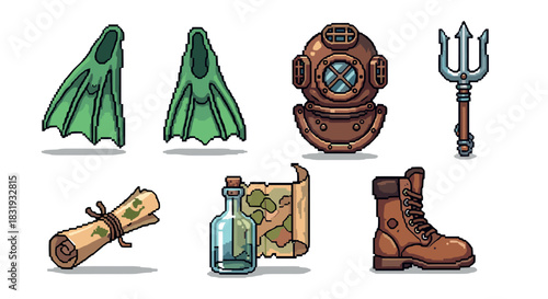 Retro pixel art icons of adventure gear featuring a diving helmet, flippers, trident, map, bottle, and boot, a collection of game assets
