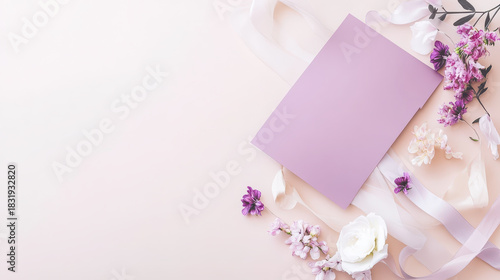 Soft purple card with white and purple flowers and ribbon on light background, creating delicate and elegant floral arrangement