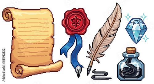 Pixel art set of fantasy RPG items including a parchment scroll, quill pen, inkwell, wax seal, and a sparkling diamond, designed as retro 8-bit video game assets isolated on white