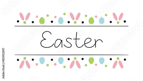 Happy easter greeting with cute bunny ears and colorful eggs in a decorative border on a white background