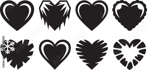 Eight black silhouette heart icons with distinct textures and patterns love symbol