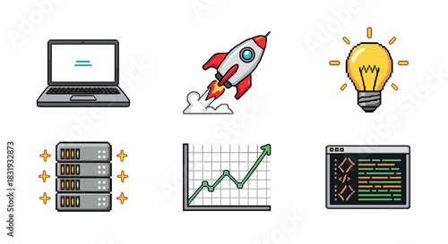 Set of six pixel art icons representing technology and startup concepts like launch, idea, data, and coding, in a retro 8-bit style