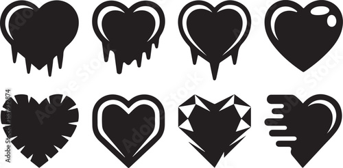 Eight black silhouette heart icons with diverse stylistic variations love symbol