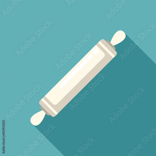 Wooden rolling pin lying on diagonal on turquoise background, flat design with long shadow