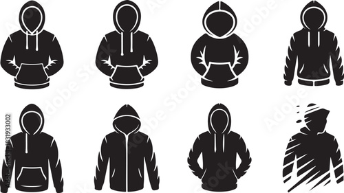 Eight black silhouette icons of hooded sweatshirts and figures Keywords: hoodie, sweatshirt, hooded jacket, clothing, apparel, fashion, casual, silhouette, icon, vector, graphic, design, element