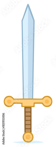 Cartoon medieval sword with a shiny steel blade and a golden hilt illustration
