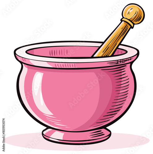 Pink mortar and pestle illustration for apothecary or kitchen