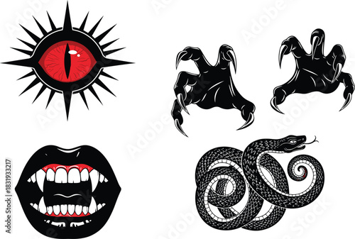 Dark mystical vector set featuring demon eye, vampire mouth, clawed limbs, and coiled snake with red accents on white