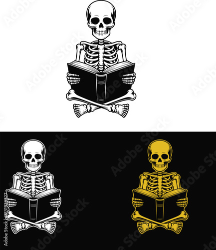 Skeleton reading a book with crossed bones and feet
