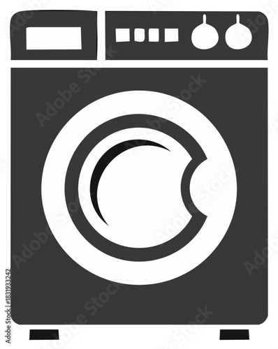 Modern front load washing machine icon with digital display and control knobs for laundry chores