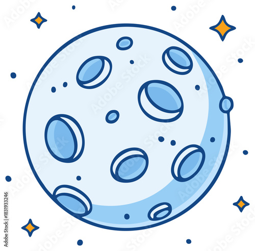 Cartoon illustration of moon with craters and stars. Astronomy concept. Space exploration.