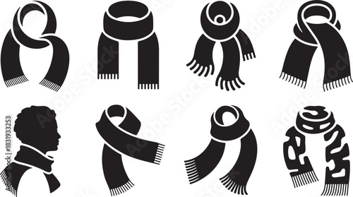 Eight Black Silhouette Icons of Scarves and a Person Wearing a Scarf Keywords: scarf, scarves, winter, fashion, accessory, icon, silhouette, black and white, graphic, design, illustration, symbol