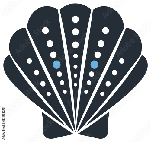 Stylized dark blue seashell with white and light blue dots simple graphic design