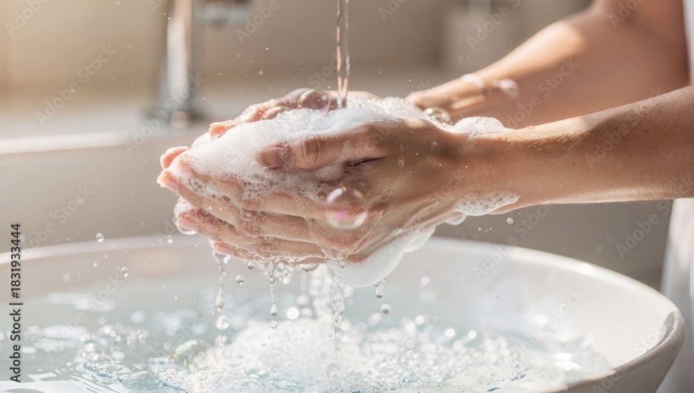 Fototapeta premium Hands covered in suds under running water in a white sink