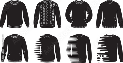 Eight black silhouette icons of sweaters and hoodies with abstract fragmented designs clothing apparel