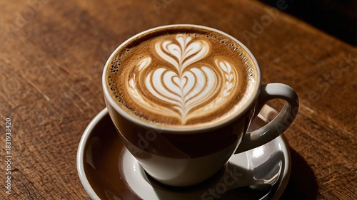 cup of coffee, cup of coffee with cinnamon, against a rich brown espresso background, with a subtle sheen reflecting the light, the overall composition showcasing the artistry of the barista