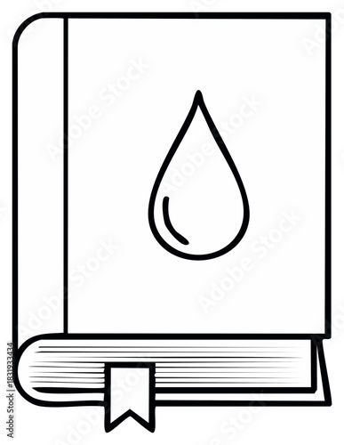 Outline book illustration with water drop element on cover, bookmark page marker icon