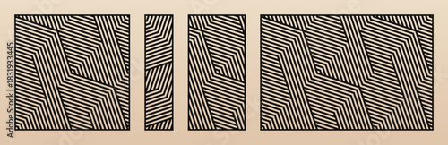 Trendy laser cut panel set. Vector template with abstract geometric pattern, lines, stripes, chevron. Decorative stencil for CNC cutting of wood, metal, paper, plastic. Aspect ratio 1:1, 1:4, 1:2, 3:2