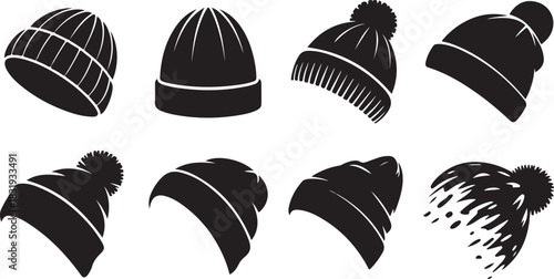 Eight Black Silhouette Icons of Winter Beanies and Hats Keywords: beanie, hat, hats, winter, headwear, accessory, icon, silhouette, black and white, graphic, design, illustration, symbol, clothing