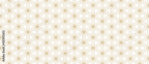 Golden vector geometric seamless pattern with floral grid, thin curved lines, hexagons, triangles, flowers, lattice. Abstract minimal linear gold and white background. Luxury repeating oriental design