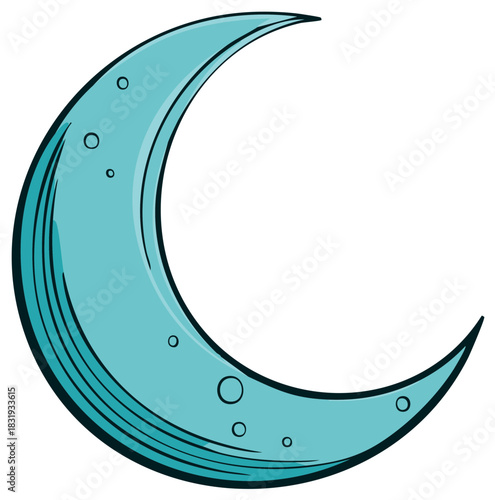 Stylized teal crescent moon with craters in a cartoon drawing style
