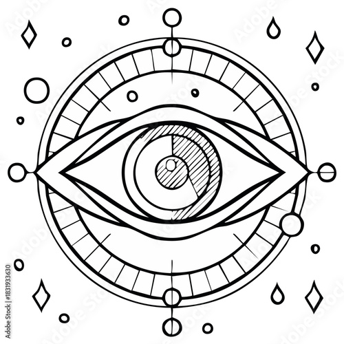 Mystical All Seeing Eye Symbol with Celestial Orbits and Spiritual Geometric Design