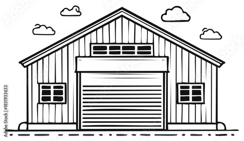 Line Art Warehouse Building with Garage Door and Clouds Drawing