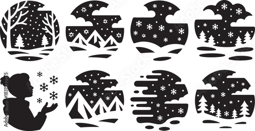 Eight black silhouette winter scenes and a girl blowing snowflakes on a white background Keywords: winter, snow, snowflake, scene, landscape, trees, hills, mountains, nature, season, holiday