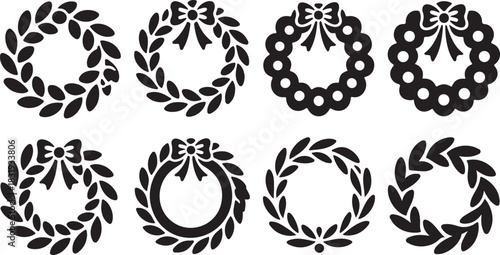 Eight Black Silhouette Wreath and Laurel Circle Icons with Bows on White Background Keywords: wreath, laurel, circle, frame, border, decorative, design element, icon, set, collection, graphic