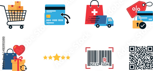 E-commerce icons: shopping cart, credit card, delivery, discount, gift, review, barcode, QR code