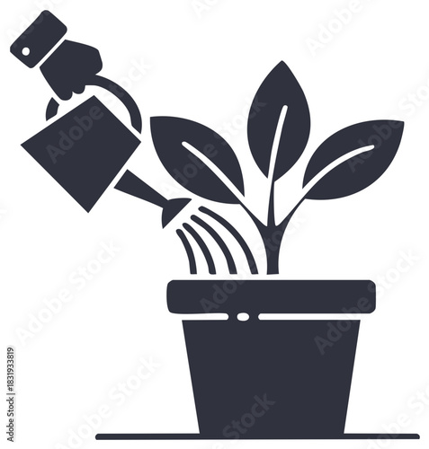 Minimalist dark silhouette icon showing a hand using a watering can to nourish a thriving potted plant, symbolizing growth and natural care.