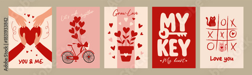 Hand drawn Valentine’s Day card set featuring a bicycle, hearts, bow accents, and a cute tic-tac-toe love theme. Romantic illustrations  for holiday greeting cards, posters, prints, and sweet festive 