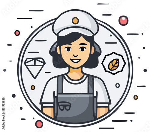 Smiling young woman in overalls and cap representing creativity and nature in a modern flat design illustration