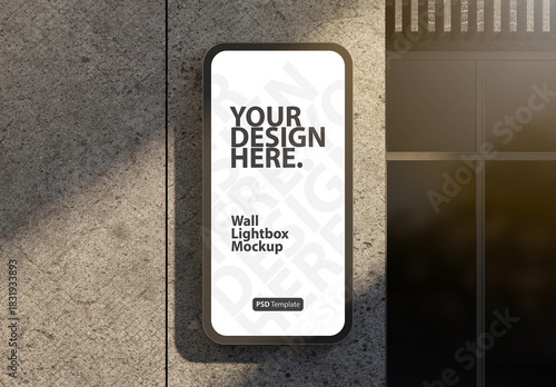 Vertical signboard lightbox Mockup on the wall of storefront