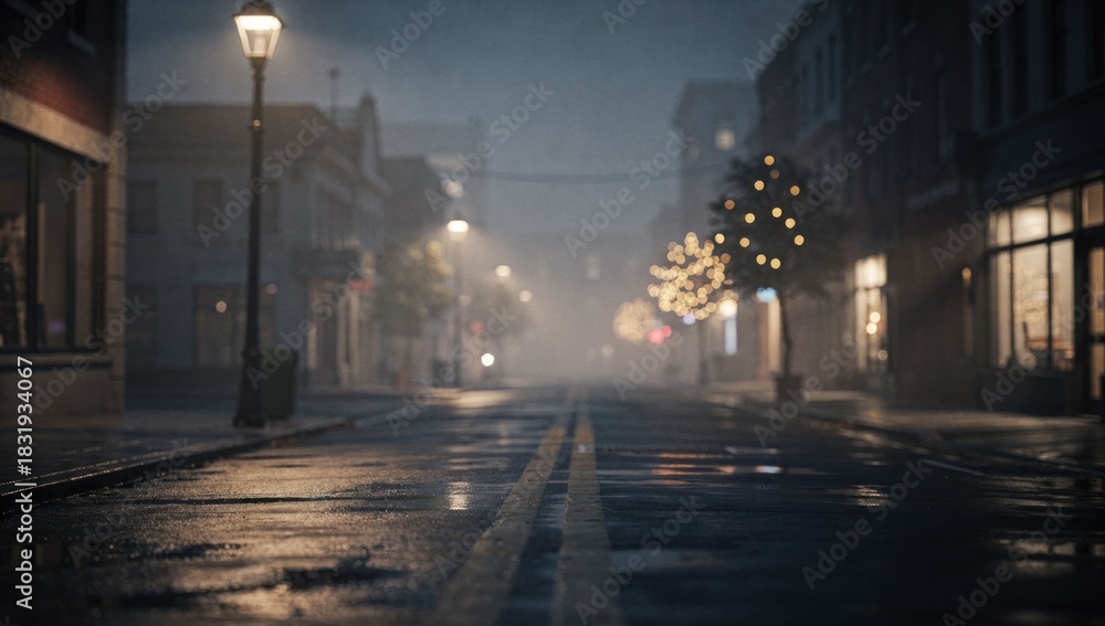Fototapeta premium Misty night street, wet ground reflects glowing urban lights