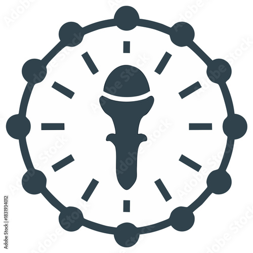Symbol of a microphone within a circular frame with radiating lines and dots