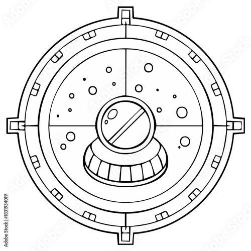 Rounded spaceship control panel, with gauges and line art for coloring books or space games