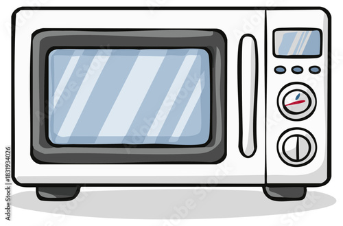 Cartoon microwave illustration appliance with display door handle and timer dials home kitchen