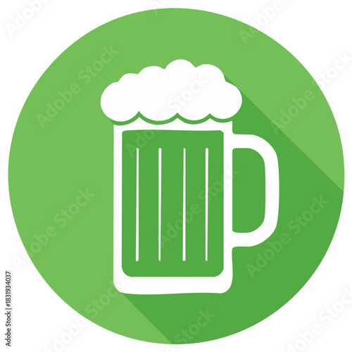 Beer mug with foam on green circle long shadow vector icon