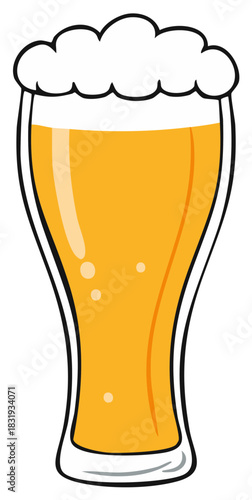 Tall Beer Glass Illustration with Golden Ale and Frothy White Head for Food and Beverage Designs