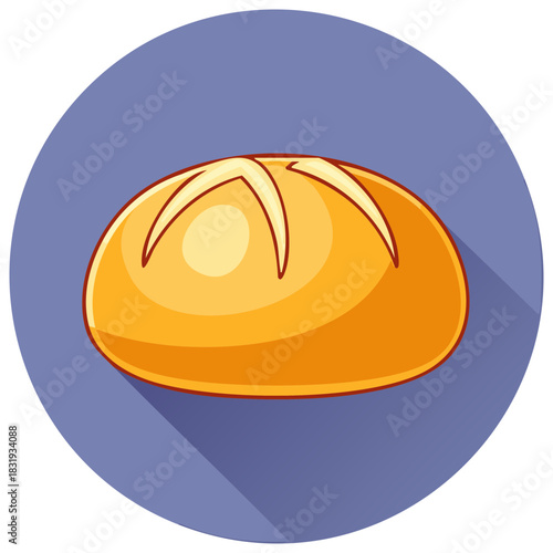 Cartoon illustration of golden bread loaf on blue background with shadow