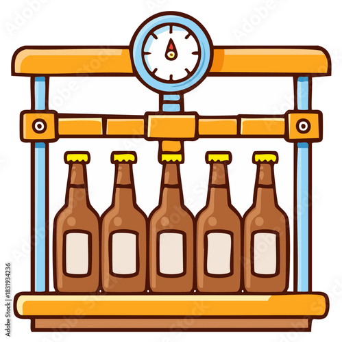 Automated beverage bottling line with pressure gauge and row of brown bottles