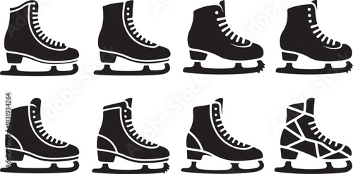Ice skates with blades and laces in various styles on a white background silhouette