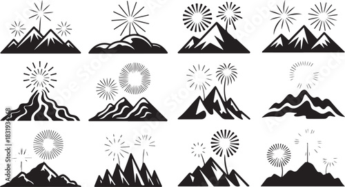 Mountain and Firework Icons in a Grid on a White Background Keywords: mountain, peak, summit, firework, explosion, celebration, event, night sky, graphic, icon, symbol, design, illustration