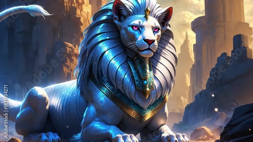 Magenta eyes and an ancient Egyptian pharaoh's headdress, resting in a dusty, sunlit landscape of towering ruins