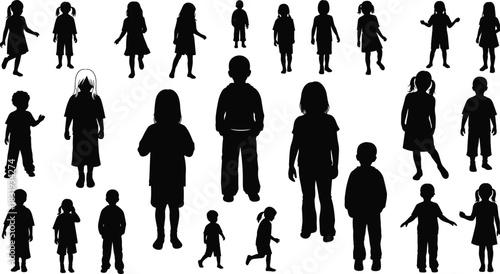 Children silhouette collection, diverse poses, walking, standing, gesturing, black vector, educational design, child development, playful stances, youth variety